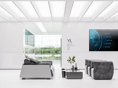 Minimalist Modern Living Room With White Sofa TV And Floor to Ceiling Windows 3d model