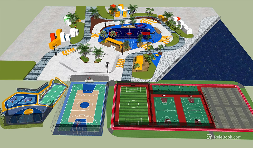 Outdoor Sports And Recreation Complex With Basketball Courts Soccer Field And Play Area 3d model 