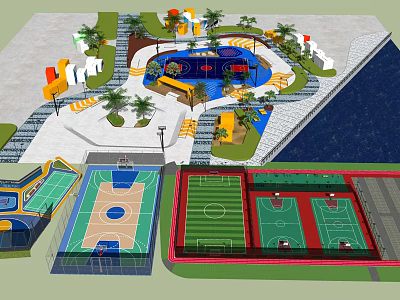 Outdoor Sports And Recreation Complex With Basketball Courts Soccer Field And Play Area 3d model