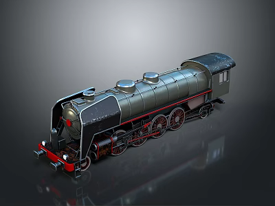 Steam Locomotive 3D Model With Silver Black Exterior Red Details Three Chimneys And Multiple Wheels 3d model