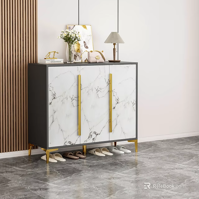 Modern Shoe Cabinet with Marble Doors Gold Handles Black Accent Vase Lamp and Shoes 3d model 