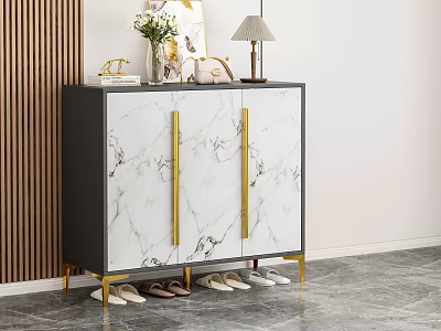 Modern Shoe Cabinet with Marble Doors Gold Handles Black Accent Vase Lamp and Shoes 3d model