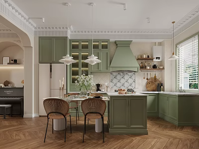 Green Kitchen Interior With Cabinets Island Dining Table Pendant Lights And Herringbone Wooden Floor 3d model
