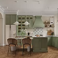 Green Kitchen Interior With Cabinets Island Dining Table Pendant Lights And Herringbone Wooden Floor