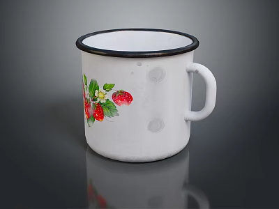 White Enamel Mug With Black Rim And Strawberry Green Leaf Pattern For Daily Use 3d model