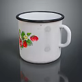 White Enamel Mug With Black Rim And Strawberry Green Leaf Pattern For Daily Use