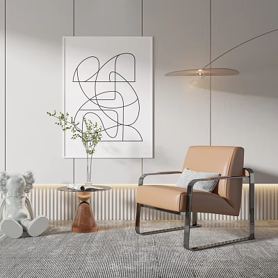 Modern Living Room Interior With Single Sofa Abstract Line Painting Side Table Green Plants 3d model