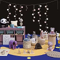 Colorful Animal Dolls with Purple Cabinet Hanging Decorative Balls and Woven Baskets on Blue Carpet
