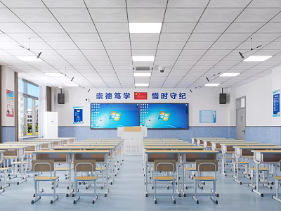 Spacious School Classroom With Neat Desks Chairs Digital Screens And Slogan 3d model