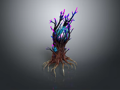Cartoon Fantasy Tree Scene With Brown Trunk Purple Pink Branches And Blue Glowing Effects 3d model