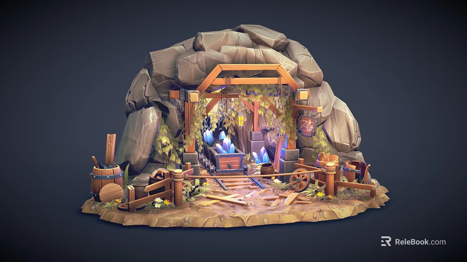 Cartoon Scene Of Rock Cave With Wooden Structure Lanterns Vines And Barrels 3d model 