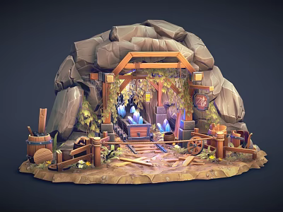 Cartoon Scene Of Rock Cave With Wooden Structure Lanterns Vines And Barrels 3d model