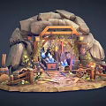 Cartoon Scene Of Rock Cave With Wooden Structure Lanterns Vines And Barrels