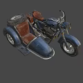 Vintage Motorcycle With Sidecar Brown Leather Seat Thick Tires Metal Parts