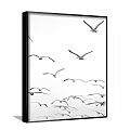 Black and White Figure Paintings With Seagull Flock Cave Silhouette And Light Reflection On Water