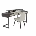 Modern Dark Wooden Desk With Beige Fabric Chair And Functional Storage Drawers