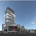 High Rise Modern Commercial Complex Featuring Glass Facade Retail Areas And Digital Billboard