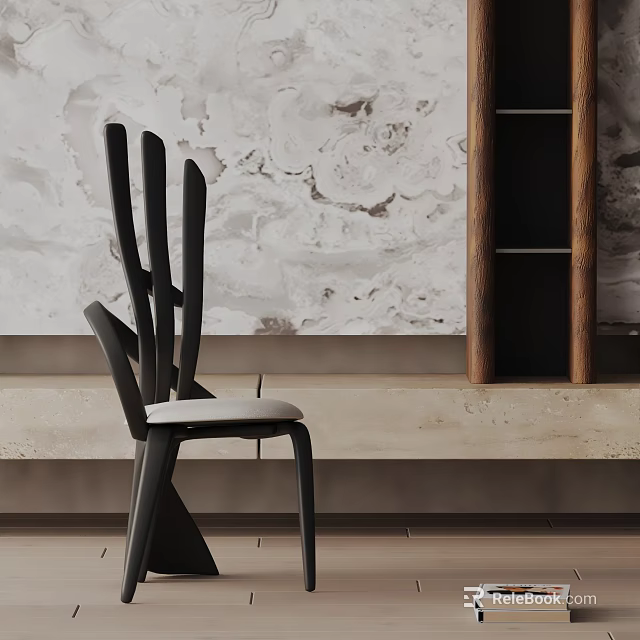 Modern Black Frame Dining Chair With Leather Seat Against Marble Wall And Wooden Bookshelf 3d model 