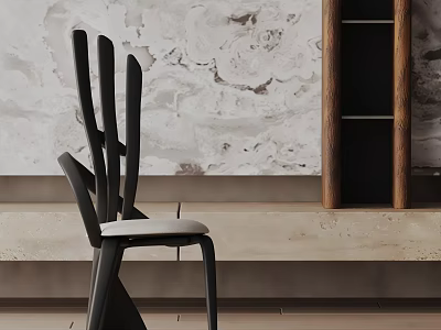 Modern Black Frame Dining Chair With Leather Seat Against Marble Wall And Wooden Bookshelf 3d model