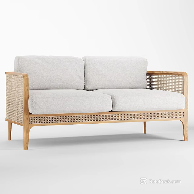 Modern Stylish Outdoor Sofa With Wooden Frame Rattan Accents And Gray Cushions 3d model 