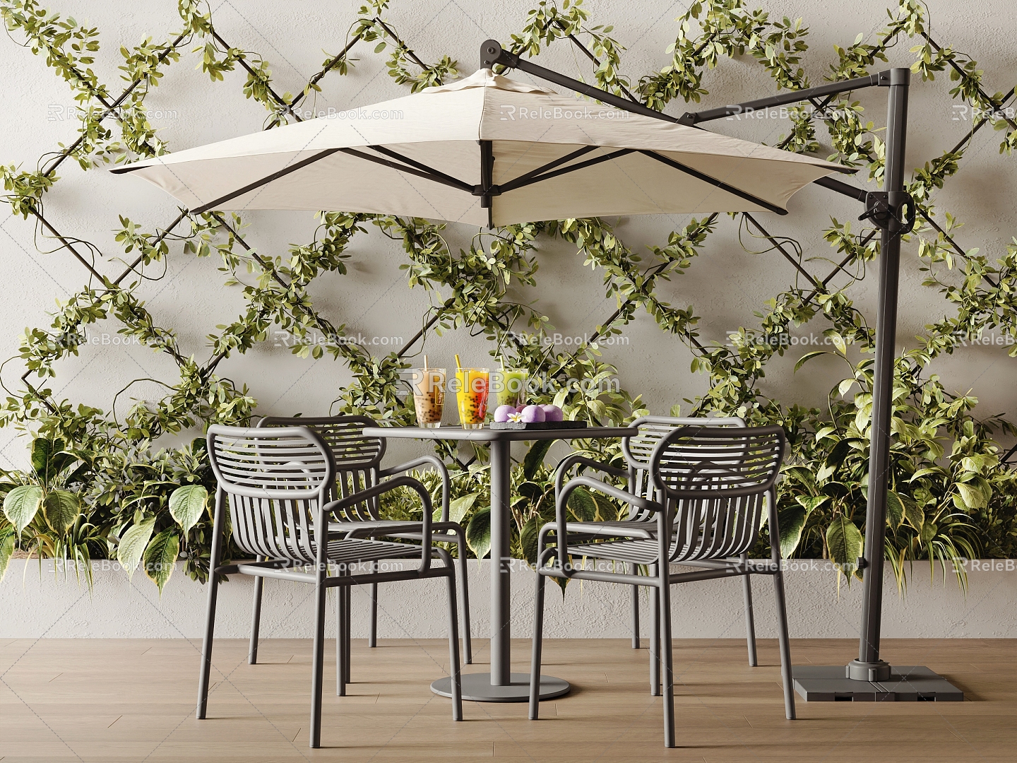 Modern Outdoor Table and Chair Combination Sunshade Milk Tea Plant Wall Plant Box model