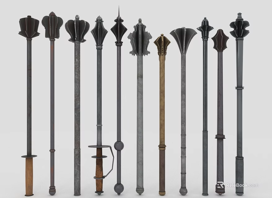 Long Handled Weapons With Various Designs And Decorative Metal Wooden Tops 3d model 