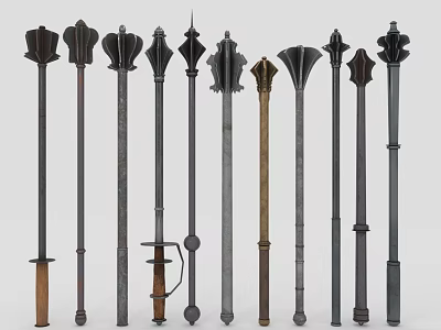 Long Handled Weapons With Various Designs And Decorative Metal Wooden Tops 3d model