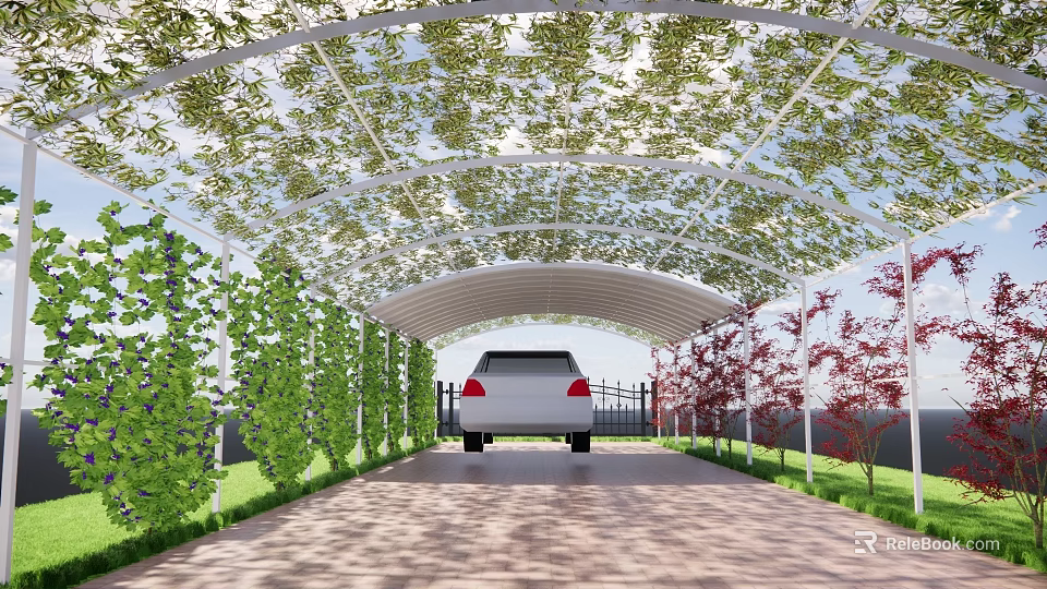 Vine Covered Canopy Over Driveway With White Car And Green Plant Walls 3d model 
