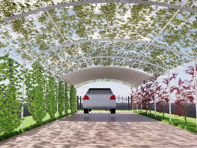Vine Covered Canopy Over Driveway With White Car And Green Plant Walls 3d model