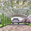 Vine Covered Canopy Over Driveway With White Car And Green Plant Walls