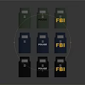 Various Colored Tactical Weapons with POLICE FBI Markings Arranged in Multiple Rows