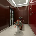 Stylish Front Reception Area With Red Wall Company Logo Flower Vase And Wooden Decor