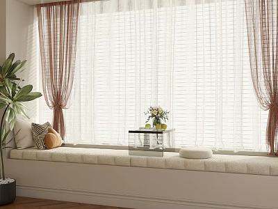 Bay Window With Cushioned Seat Brown Curtains White Blinds Orange Pillows Table Flowers Green Plant 3d model