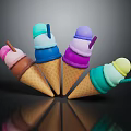 Colorful Ice Cream Cones With Multiple Layers And Assorted Straws On Black Surface 3d model