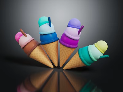 Colorful Ice Cream Cones With Multiple Layers And Assorted Straws On Black Surface 3d model