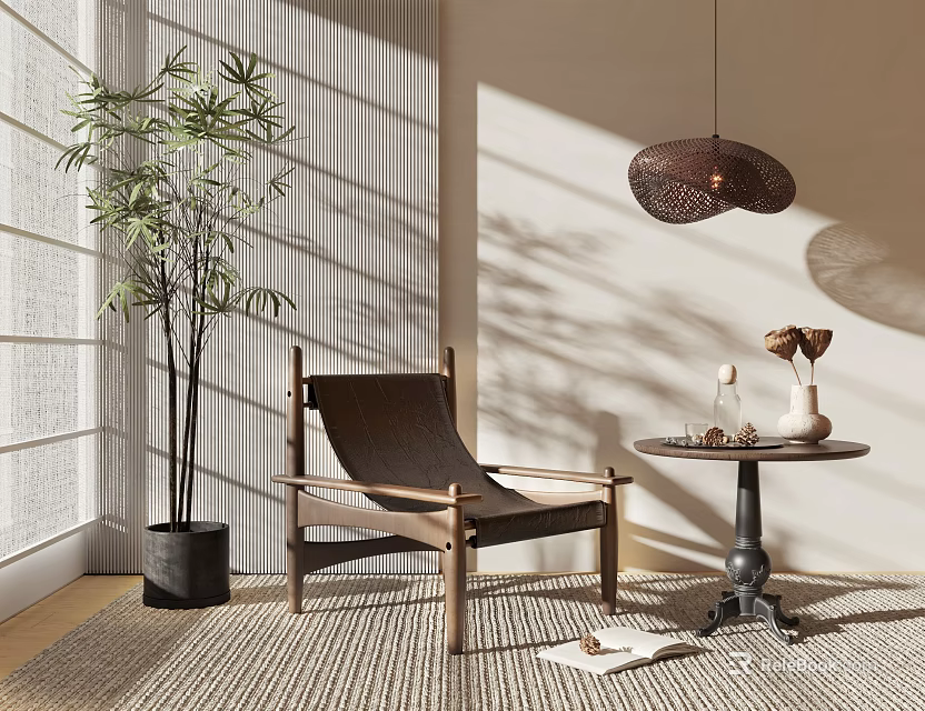 Stylish Accent Chair Wooden Frame Woven Seat Near Side Table Potted Plant And Light Shadow 3d model 