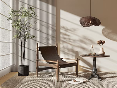 Stylish Accent Chair Wooden Frame Woven Seat Near Side Table Potted Plant And Light Shadow 3d model
