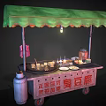 Traditional Mobile Street Food Cart With Green Awning Selling Stinky Tofu And Chinese Signage