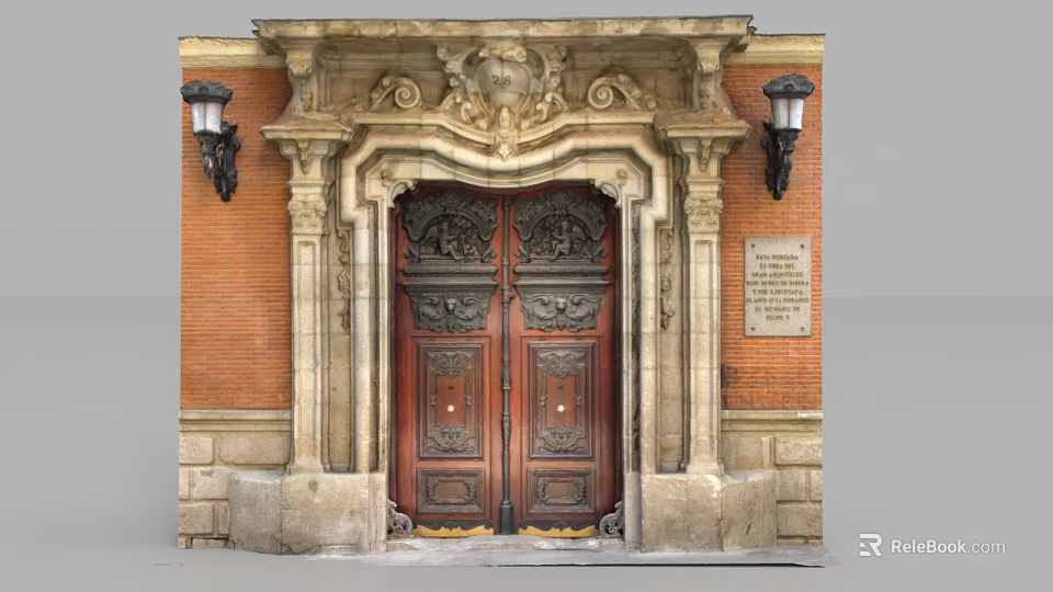 Ornate Carved Entrance Gate With Double Wooden Doors Stone Frame Brick Wall And Lamps 3d model 