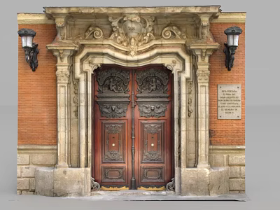Ornate Carved Entrance Gate With Double Wooden Doors Stone Frame Brick Wall And Lamps 3d model