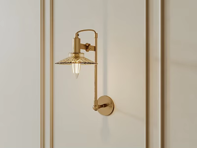 Brass Wall Light With Grid Design Shade On Paneled Beige Wall 3d model