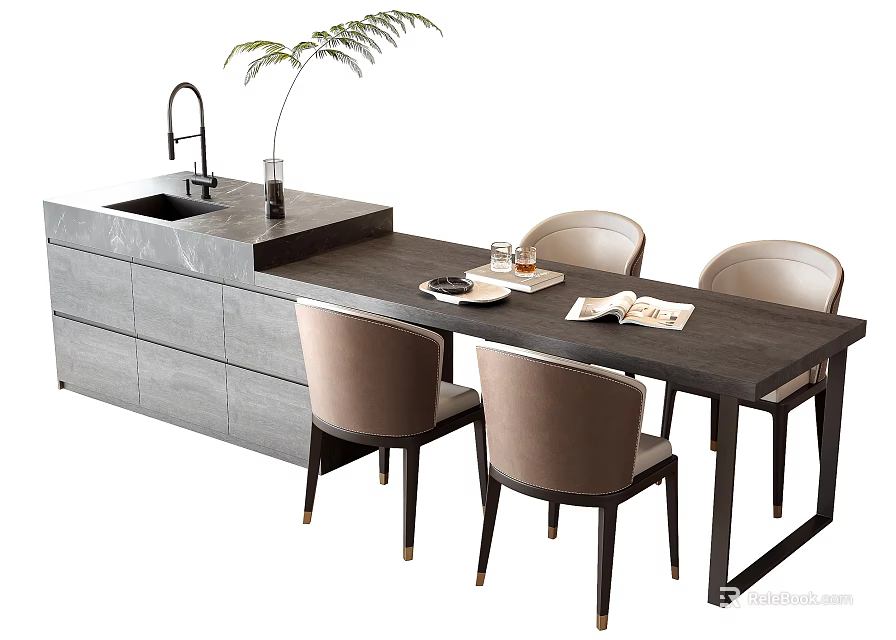 Modern Dining Table Set With Four Chairs Kitchen Island Sink Faucet And Potted Plant 3d model 