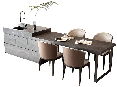 Modern Dining Table Set With Four Chairs Kitchen Island Sink Faucet And Potted Plant 3d model