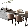 Modern Dining Table Set With Four Chairs Kitchen Island Sink Faucet And Potted Plant