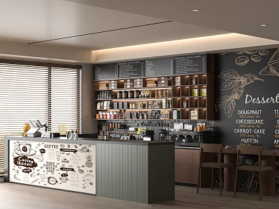 Cozy Café Interior With Coffee Illustration Counter Shelves Jars Dessert Menu And Wooden Tables 3d model