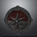 Medieval Bloodstained Shield With Red White Wooden Surface Star Shaped Metal Riveted Frame