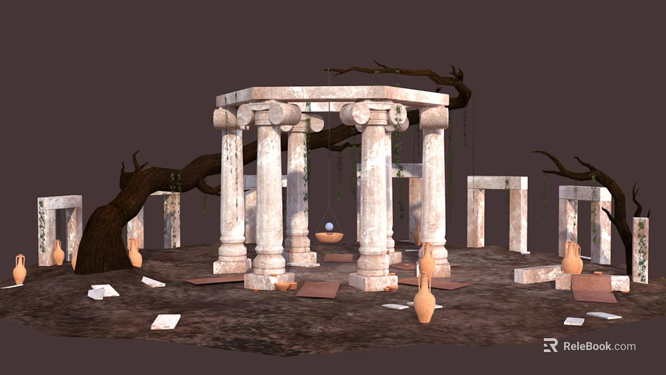 Cartoon Ancient Ruins Scene With Circular White Stone Pillars Clay Pots And Withered Branches 3d model 