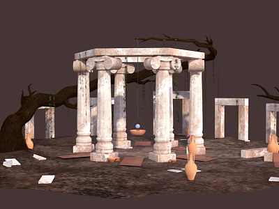 Cartoon Ancient Ruins Scene With Circular White Stone Pillars Clay Pots And Withered Branches 3d model