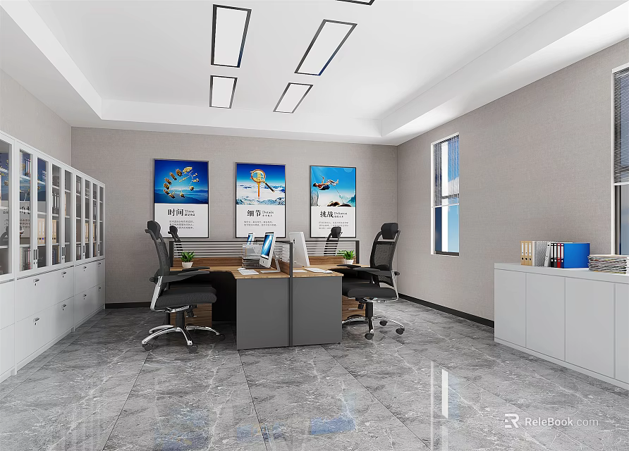 Modern Office Interior With Office Desks Ergonomic Chairs Decorative Paintings Windows And Storage Cabinets 3d model 