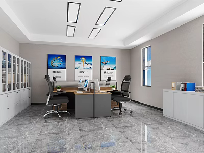 Modern Office Interior With Office Desks Ergonomic Chairs Decorative Paintings Windows And Storage Cabinets 3d model